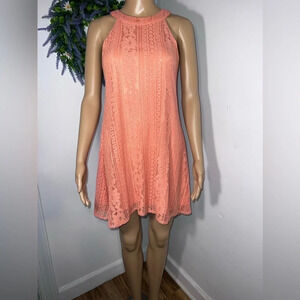 Annabella,S, sleeveless, coral high collar button loop closure lace overlay mini